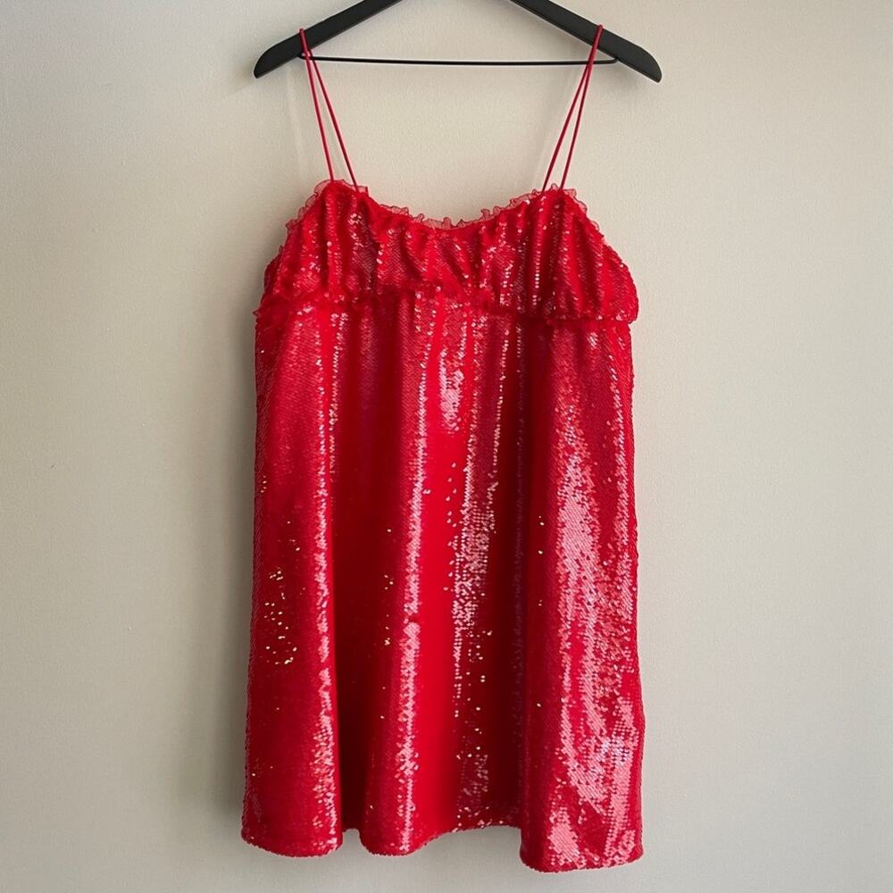 GANNI Fiery Red Sequins Mini Dress - Picture 2 of 8